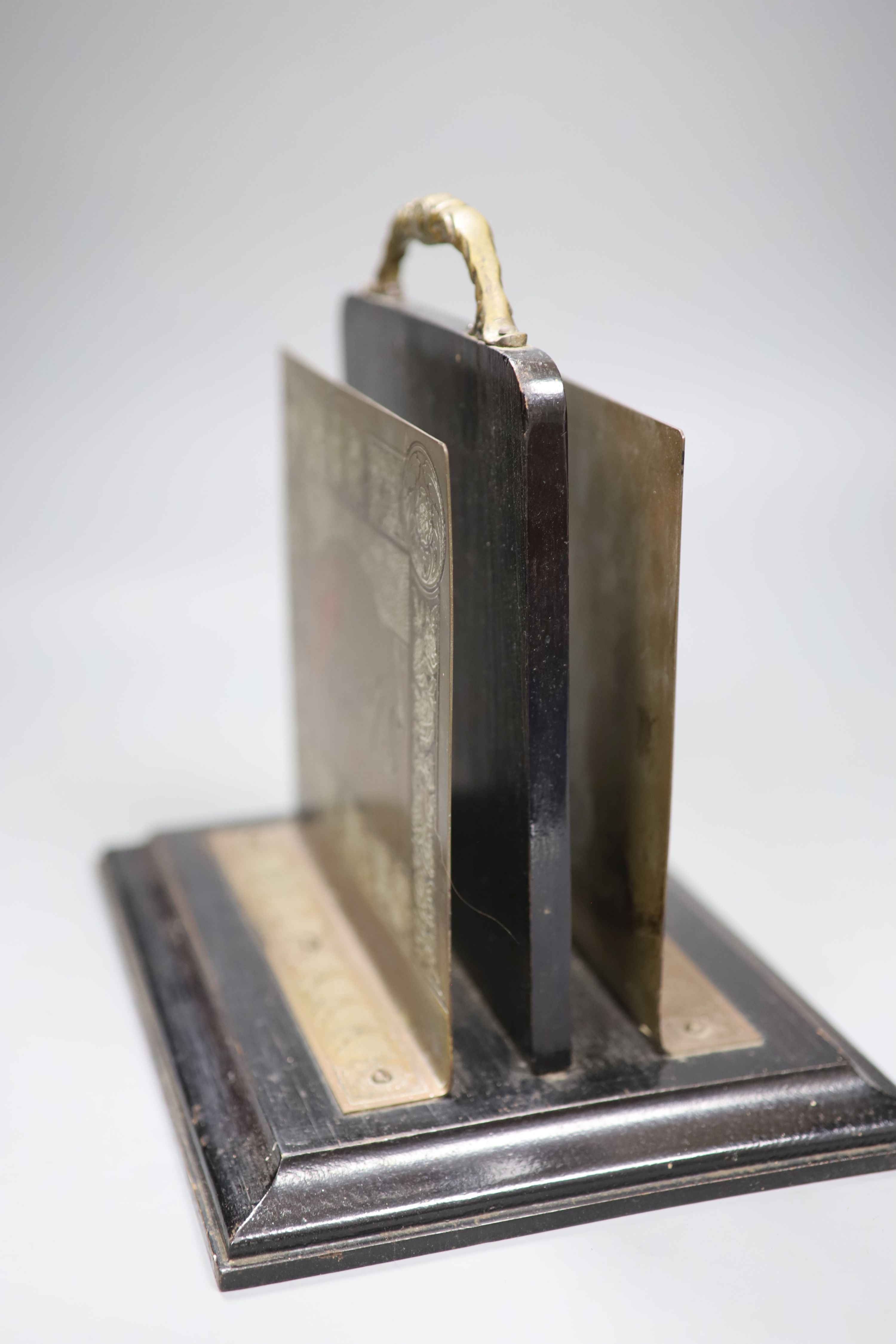 A Victorian oak and brass mounted stationary box and an early 20th century brass and oak Papers stand